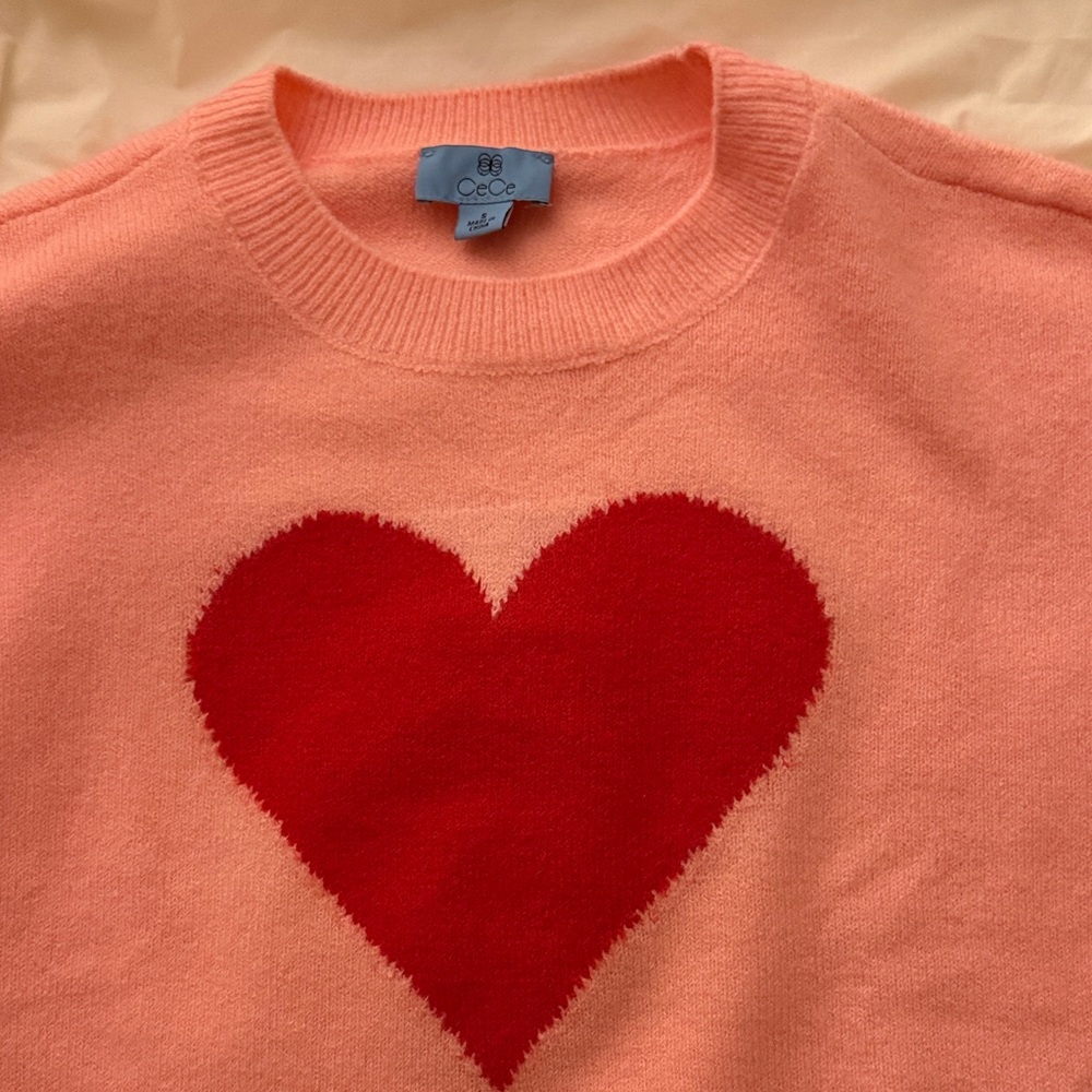 CeCe Coral Sweater with Bold Red Heart